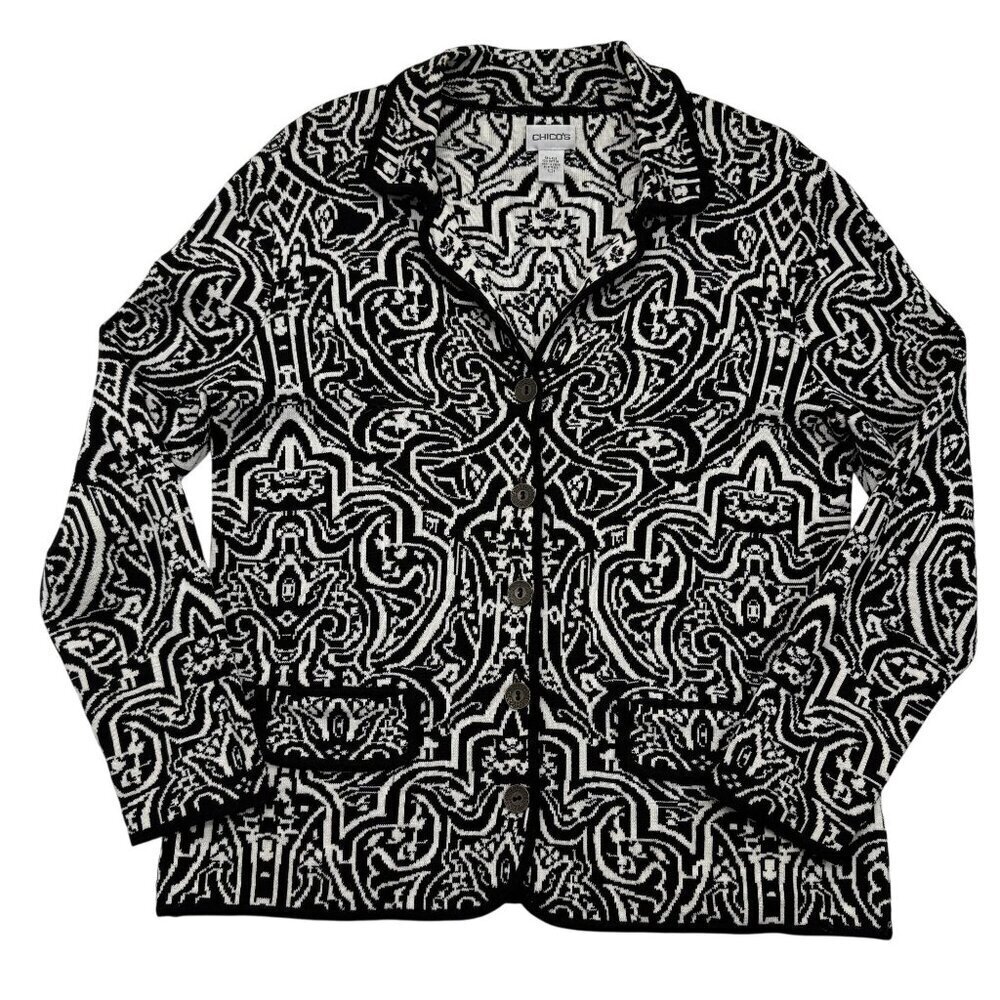 Chico's Silk‎ Cotton Cardigan Jacket B & W Transitional Baroque Bold Size 1 US M